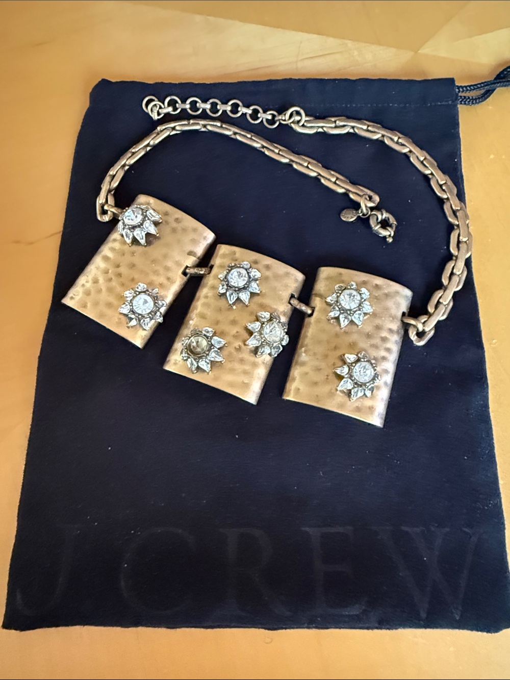 J Crew Gold Statement Hammered Pendant Necklace with Crystal Flower Accents